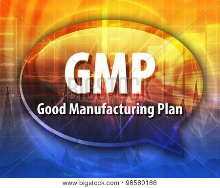word speech bubble illustration of business acronym term GMP Good Manufacturing Plan