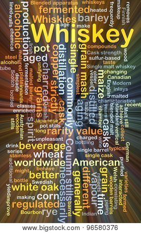 Background concept wordcloud illustration of whiskey glowing light