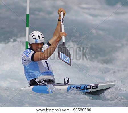 LONDON, ENGLAND - JUNE 06 2014 David Florence of Great Britain competes at the ICF Canoe Slalom held at the Lea Valley White Water centre Waltham Abbey.