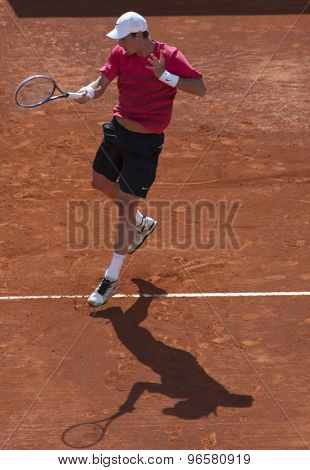 MONTE CARLO, MONACO. APRIL 20 2012 Tomas Berdych (CZE) in action during the quarter final singles match between Andy Murray (GBR) and Tomas Berdych (CZE) at the ATP Monte Carlo Masters  .
