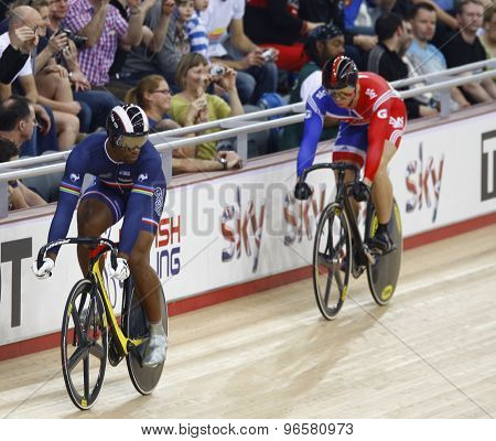 LONDON, ENGLAND. FEBRUARY 19 2012: Sir Chris Hoy (GBR)(r) and Gregory Bauge (FRA)(l) compete at the UCI Track Cycling World Cup at the London Velodrome, Queen Elizabeth 2nd Park