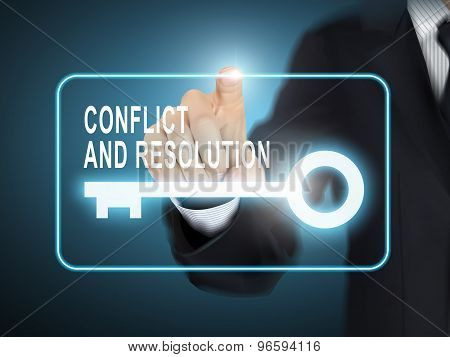 Male Hand Pressing Conflict And Resolution Key Button