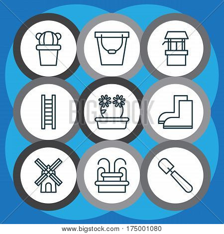 Set Of 9 Garden Icons. Includes Pail, Floweret, Desert Plant And Other Symbols. Beautiful Design Elements.