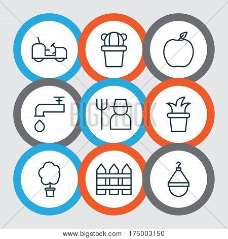 Set Of 9 Garden Icons. Includes Spigot, Hanger, Agrimotor And Other Symbols. Beautiful Design Elements.