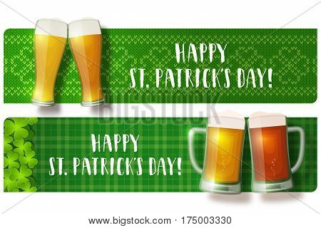 St. Patrick's day lettering banners with toasting beer glasses on shamrock knit background and checkered background. Vector greeting card with hand drawn typography