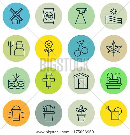 Set Of 16 Planting Icons. Includes Growing Plant, Sweet Berry, Farmhouse And Other Symbols. Beautiful Design Elements.