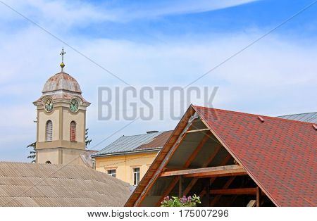 View of tower with clock of Saint Anna's roman catholic church (1802), Khust, Ukraine