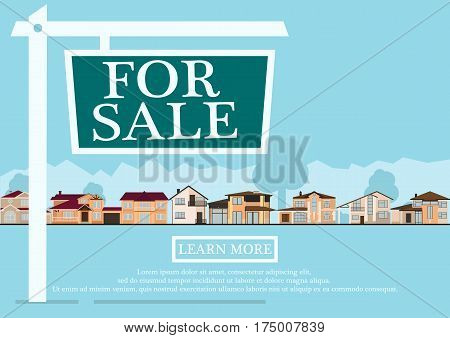 For sale sign in front of cute houses in flat building style. background in blue pastel colors. country views with trees and shrubs. real estate purchase. vector illustration