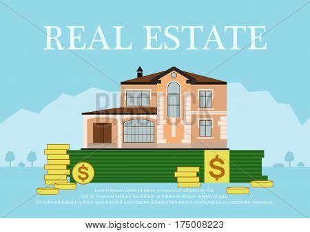 Cute cartoon house for sale or rent in flat building style staing in money with sign real estate.background in blue pastel colors. country views with trees and shrubs. real estate purchase. vector illustration