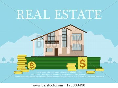 Cute cartoon house for sale or rent in flat building style staing in money with sign real estate.background in blue pastel colors. country views with trees and shrubs. real estate purchase. vector illustration