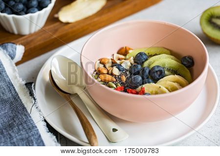 Blueberries,Kiw,iAlmond,Goji berries and Chia seed on Greek yogurt