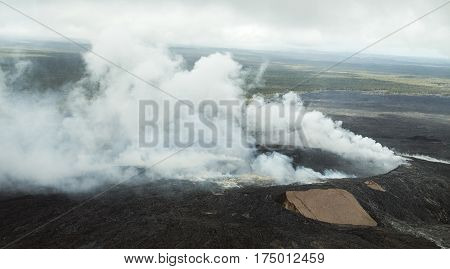 Aerial view of Pu'u O'o Crater a volcanic cone located on the Big Island of Hawaii March 2017.