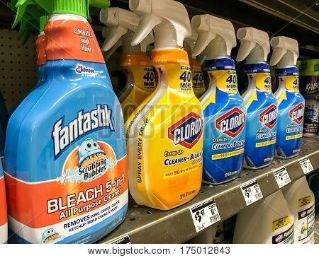 New York March 6 2017: Household cleaning supplies stand on a shelf in a Home Depot store.