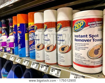 New York March 6 2017: Different household spot removers stand on a shelf in a Home Depot store.