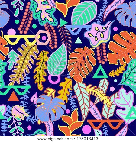 Tropical vibrant background with tropical leaves print seamless pattern. Vibratory pink colors of the jungle in the style of memphis, punk, neurofunk, trance, rave. Fashionable decorative textures