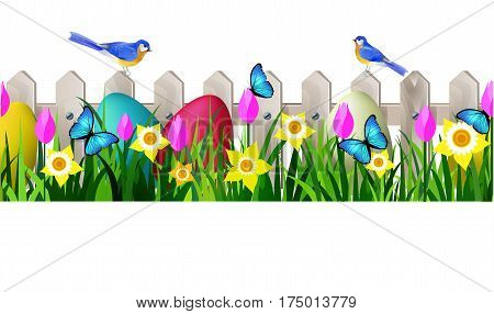 Green Grass and white wooden fance seamless isolated clip art vector on white with rose tulips and yellow daffodils and easter eggs and bluebirds