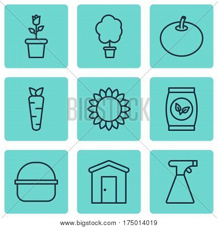 Set Of 9 Holticulture Icons. Includes Radish, Root, Farmhouse And Other Symbols. Beautiful Design Elements.