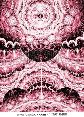 Ethnical redd lace ornament. Intricate symmetrical pattern with many colorful elements. Background texture for invitations, wedding cards or promotional imagery.