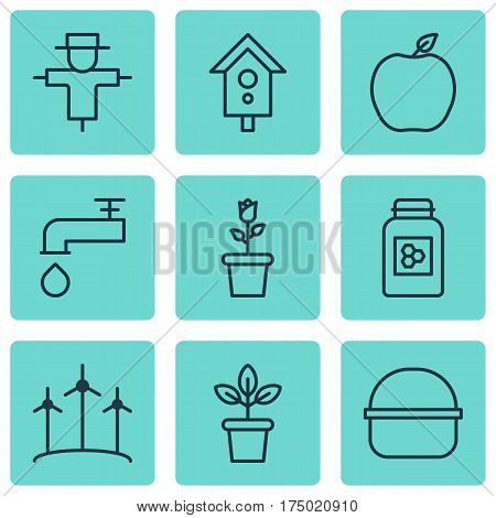 Set Of 9 Holticulture Icons. Includes Windmill, Birdhouse, Spigot And Other Symbols. Beautiful Design Elements.