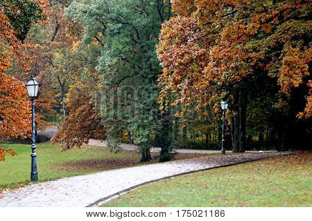 Lamps and autumn trees in Maksimir park Zagreb Croatia