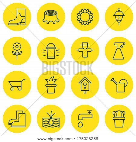 Set Of 16 Garden Icons. Includes Wheelbarrow, Growing Plant, Spigot And Other Symbols. Beautiful Design Elements.