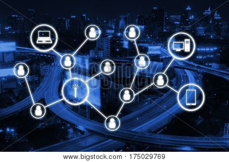worldwide technology communication, network connection, social media and technology concept on night city background, color tone effect.
