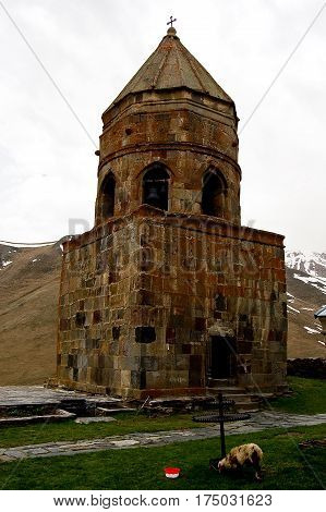small church in the mountains of caucasus views from giorgia