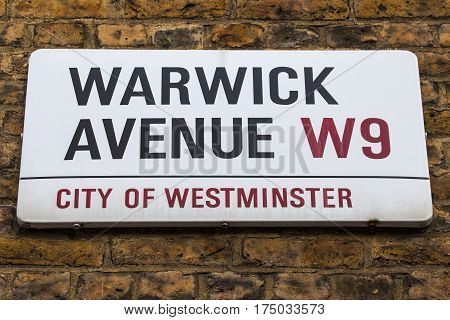 A street sign for Warwick Avenue in West London UK.