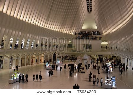 NEW YORK, NY - FEB 19: Inside the Oculus of the Westfield World Trade Center Transportation Hub in New York, as seen on Feb 19, 2017. The mall opened on August 16, 2016.