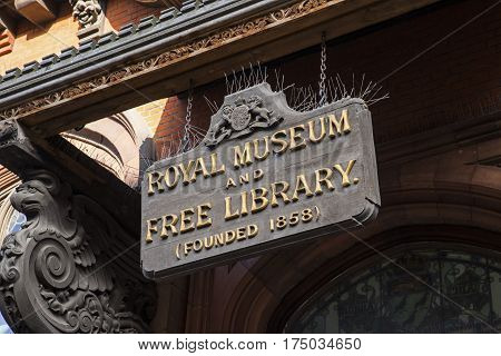 CANTERBURY UK - FEBRUARY 13TH 2017: A close-up of the old sign outside the Beaney House of Art and Knowledge in Canetrbury England, on 13th February 2017.