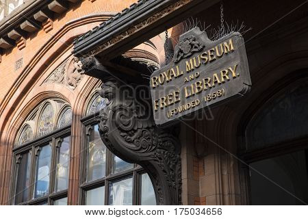 CANTERBURY UK - FEBRUARY 13TH 2017: A close-up of the old sign outside the Beaney House of Art and Knowledge in Canetrbury England, on 13th February 2017.