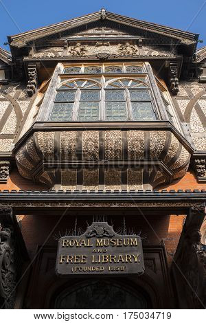 CANTERBURY UK - FEBRUARY 13TH 2017: The beautiful facade of The Beaney House of Art and Knowledge in Canterbury England, on 13th February 2017.