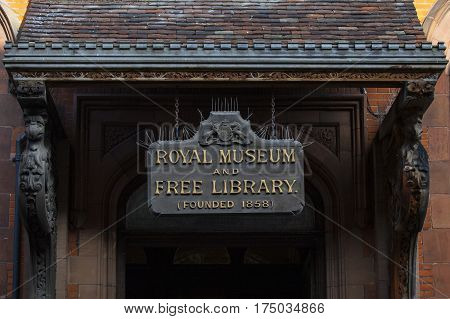 CANTERBURY UK - FEBRUARY 13TH 2017: A close-up of the old sign outside the Beaney House of Art and Knowledge in Canetrbury England, on 13th February 2017.