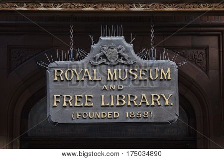 A close-up of the old sign outside the Beaney House of Art and Knowledge in Canetrbury England.