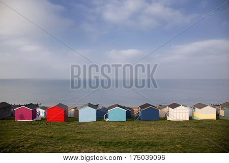 colored beach huts on the beach of Tankerton near Whitstable in Kent, UK