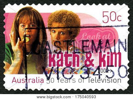 AUSTRALIA - CIRCA 2002: A used postage stamp from Australia celebrating the comedy television series Kath and Kim circa 2002.