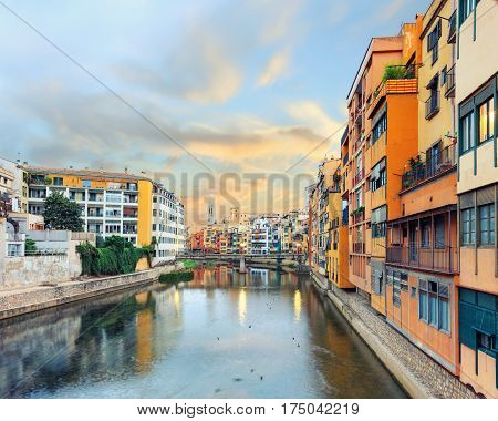 historical jewish quarter in Girona, view from Eiffel Bridge at sunrise, Barcelona, Spain, Catalonia