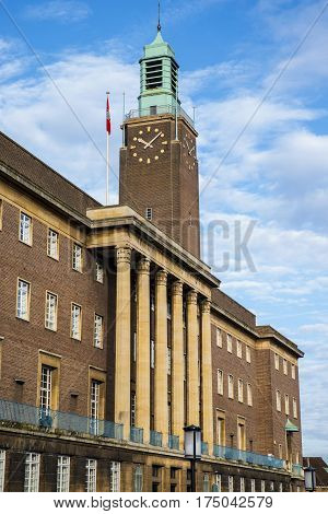 A view of the art deco architecture of Norwich City Hall in the historic city of Norwich UK.