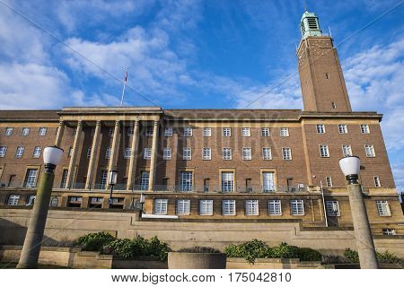 A view of the art deco architecture of Norwich City Hall in the historic city of Norwich UK.