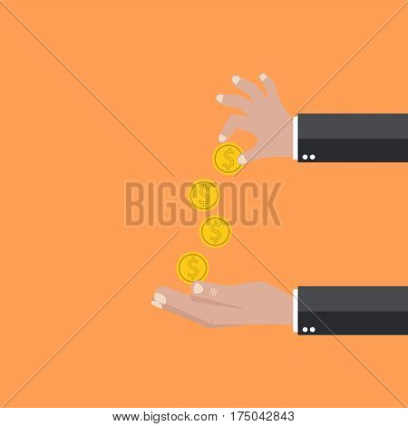 Hand giving coins other hand a new vector illustration background