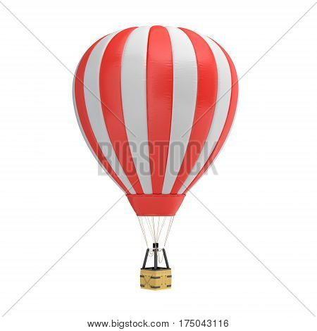 3d rendering of a red and white hot air balloon with a basket on white background. Air travel and aircraft. Tourism and recreation. Sky objects.