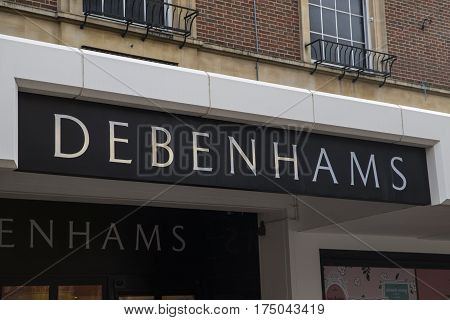 NORWICH UK - JANUARY 17TH 2017: The Debenhams logo above the entrance to the Debenhams in Norwich city centre on 17th January 2017.