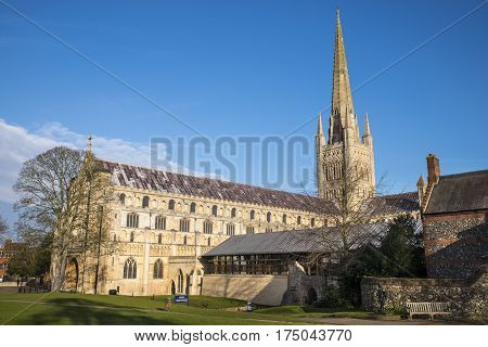 A view of the magnificent Norwich Cathedral in the historic city of Norwich UK.