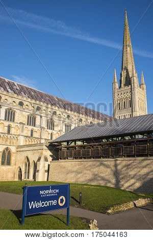 A view of the magnificent Norwich Cathedral in the historic city of Norwich UK.