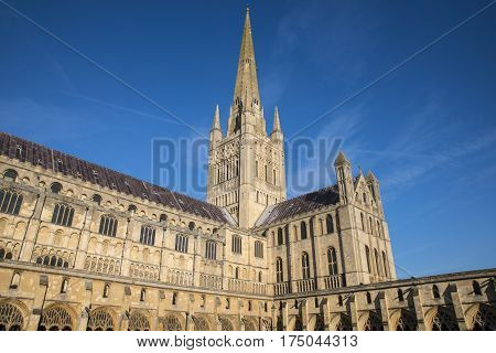 A view of the magnificent Norwich Cathedral in the historic city of Norwich UK.