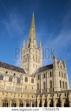 A view of the magnificent Norwich Cathedral in the historic city of Norwich UK.