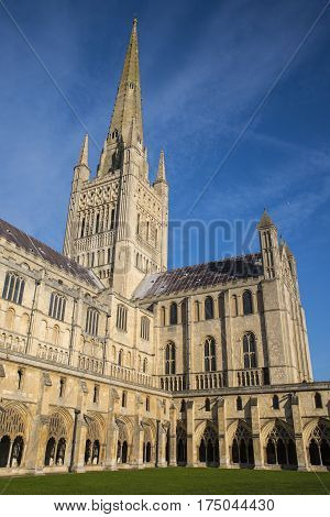 A view of the magnificent Norwich Cathedral in the historic city of Norwich UK.