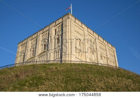 Looking up at the exterior of Norwich Castle in the historic city of Norwich UK.