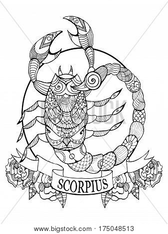 Scorpio zodiac sign coloring book vector illustration. Tattoo stencil. Black and white lines. Lace pattern