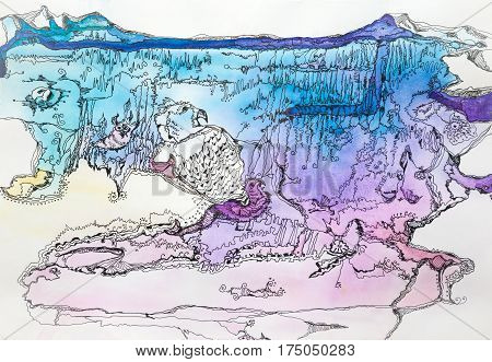 Monotyped  Picture With Flowers And Snow